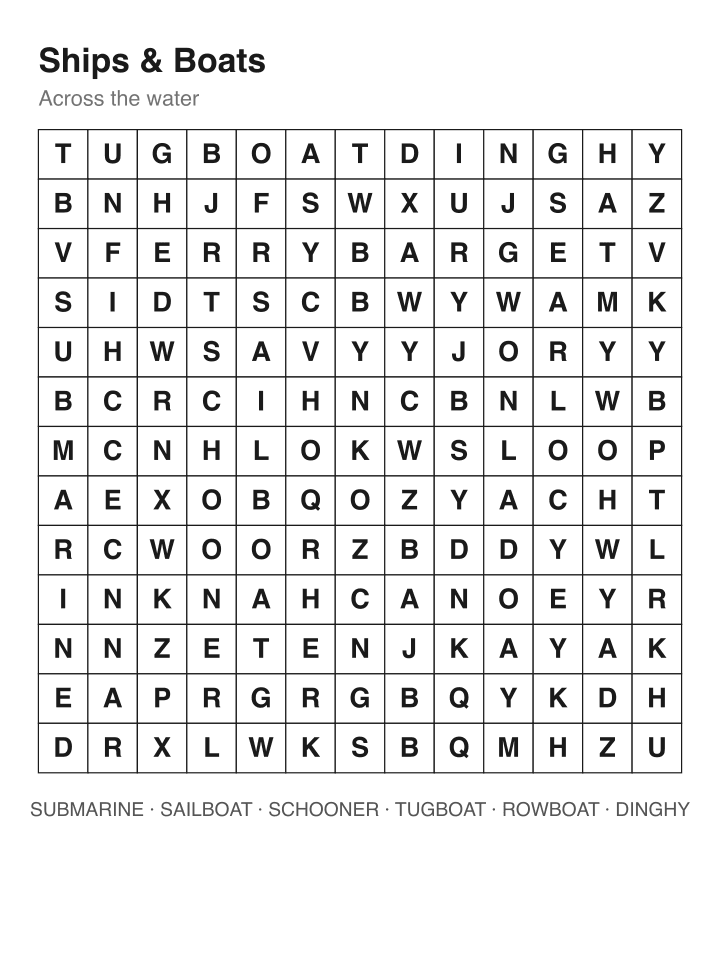 Ships & Boats word search puzzle, 13 by 13 grid