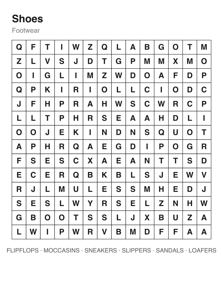 Shoes word search puzzle, 14 by 14 grid