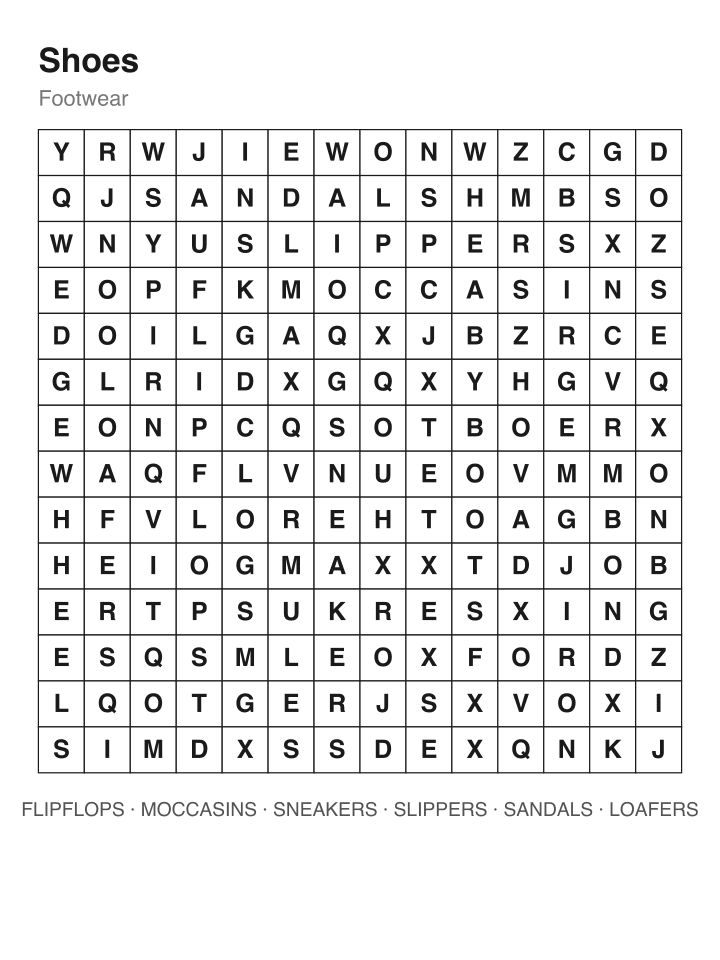Shoes word search puzzle, 14 by 14 grid