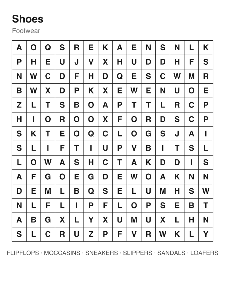 Shoes word search puzzle, 14 by 14 grid