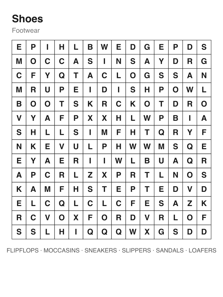 Shoes word search puzzle, 14 by 14 grid