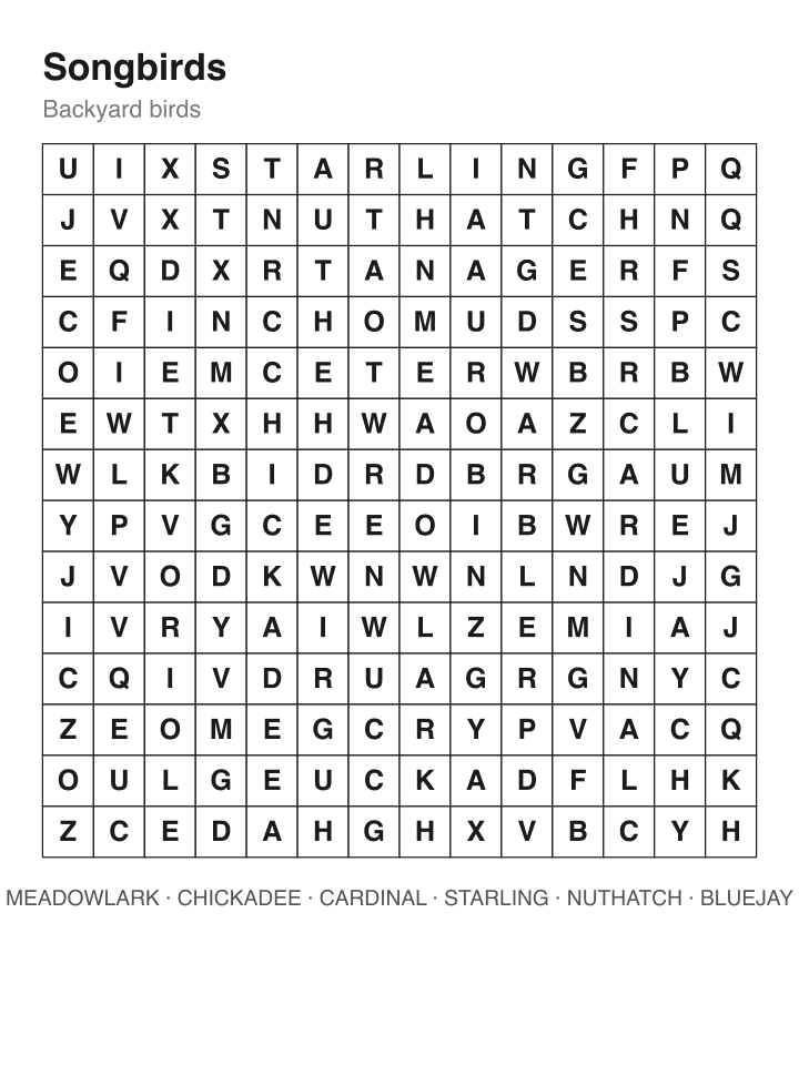 Songbirds word search puzzle, 14 by 14 grid