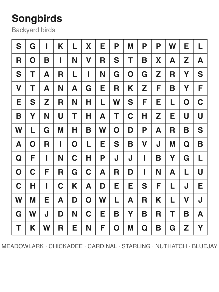 Songbirds word search puzzle, 14 by 14 grid