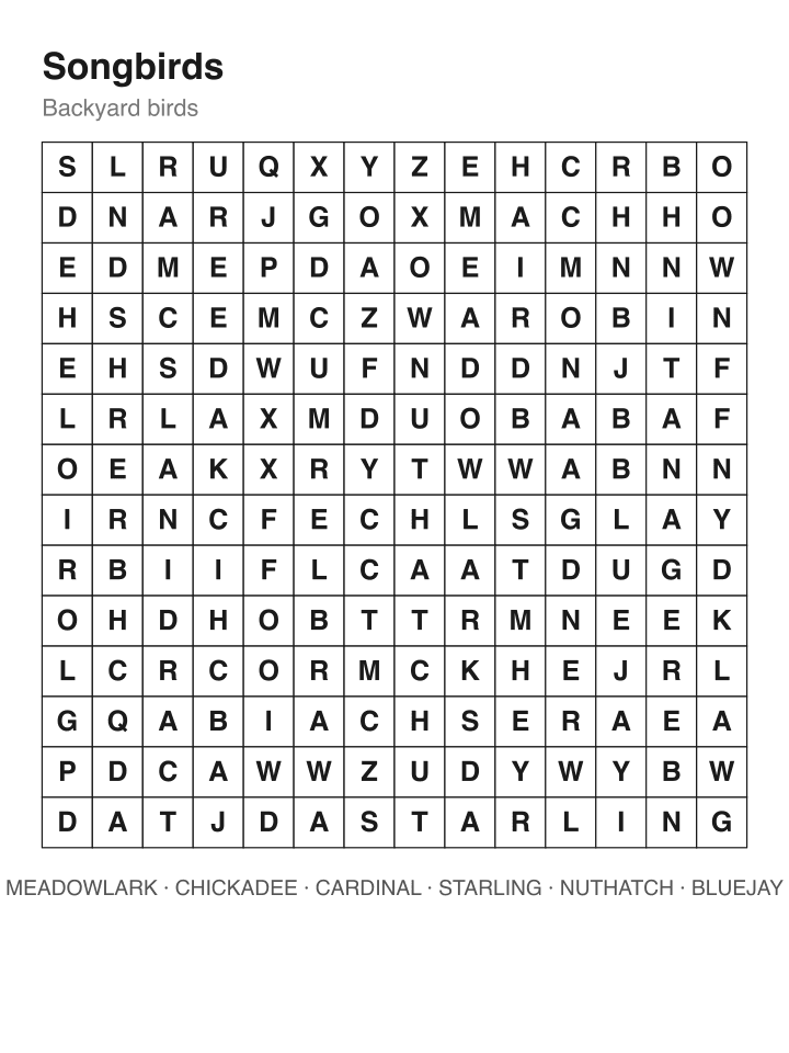 Songbirds word search puzzle, 14 by 14 grid