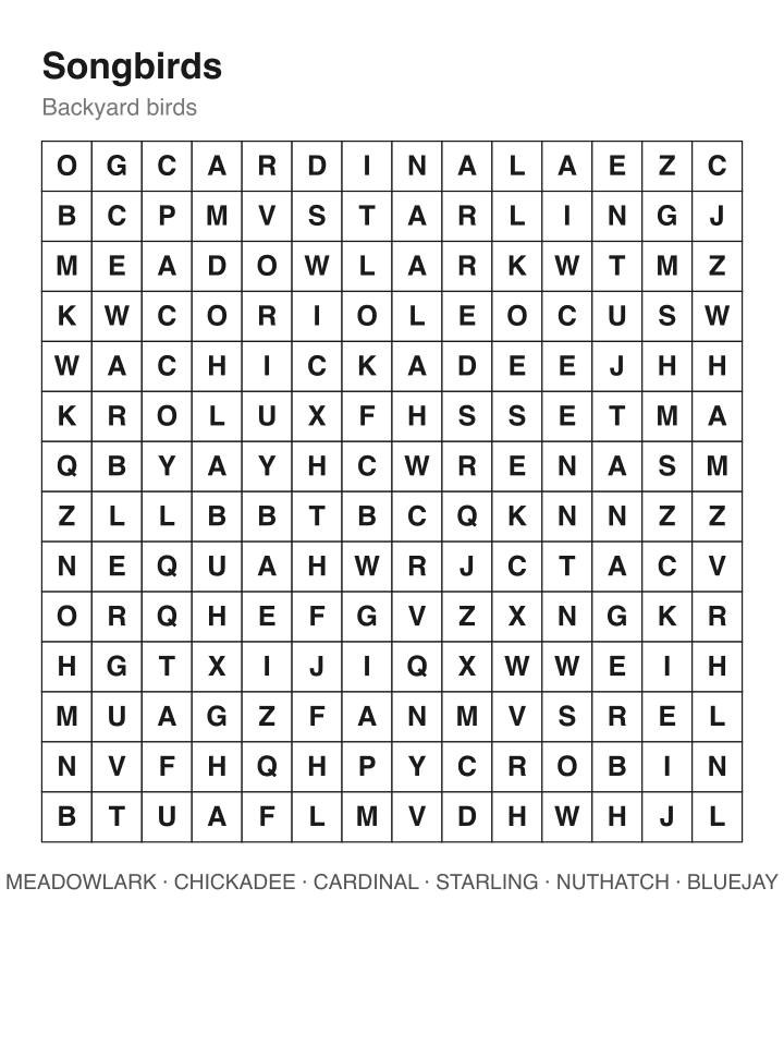Songbirds word search puzzle, 14 by 14 grid