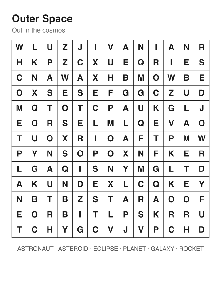 Outer Space word search puzzle, 13 by 13 grid