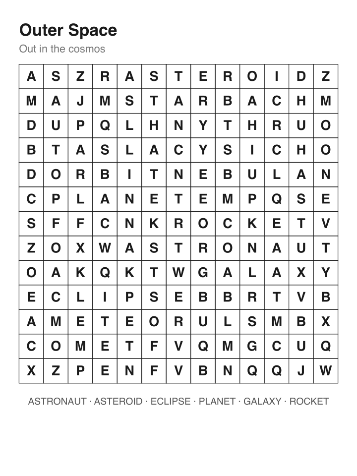 Outer Space word search puzzle, 13 by 13 grid