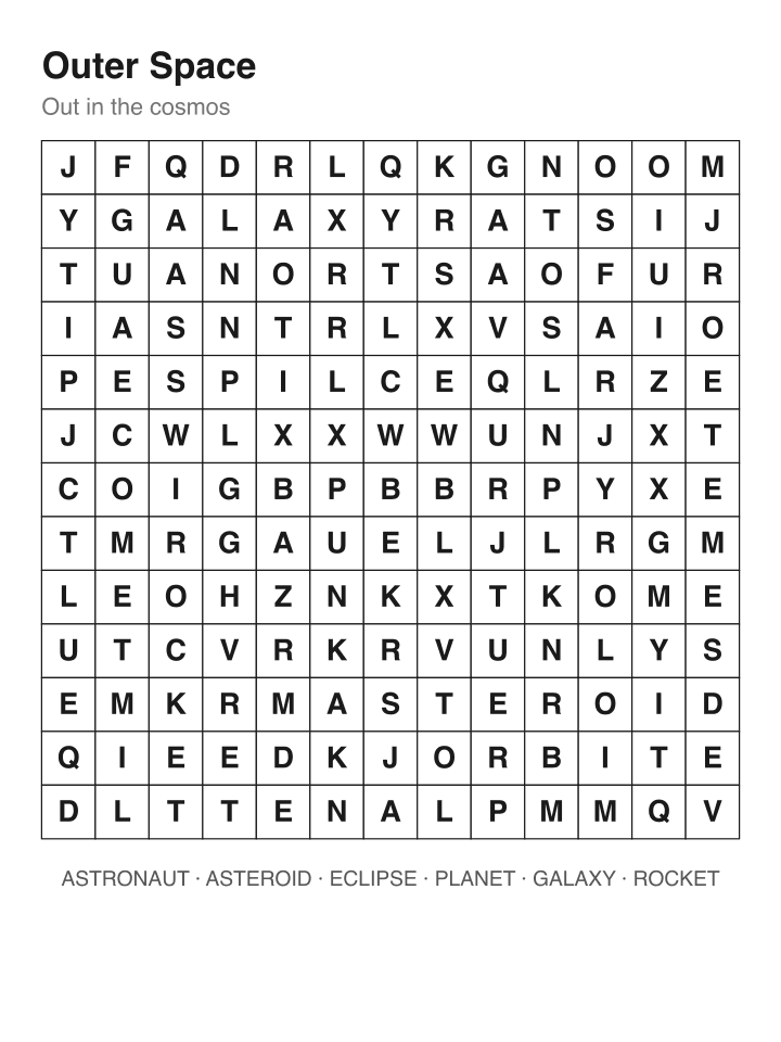 Outer Space word search puzzle, 13 by 13 grid