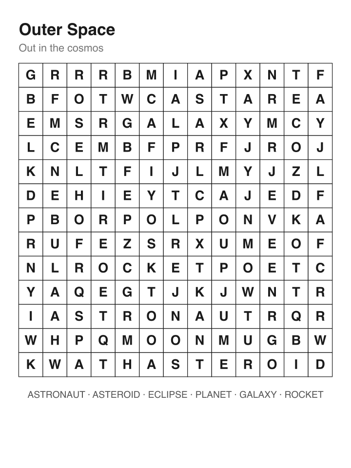 Outer Space word search puzzle, 13 by 13 grid