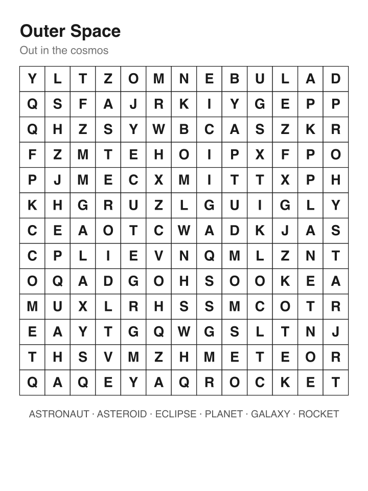 Outer Space word search puzzle, 13 by 13 grid