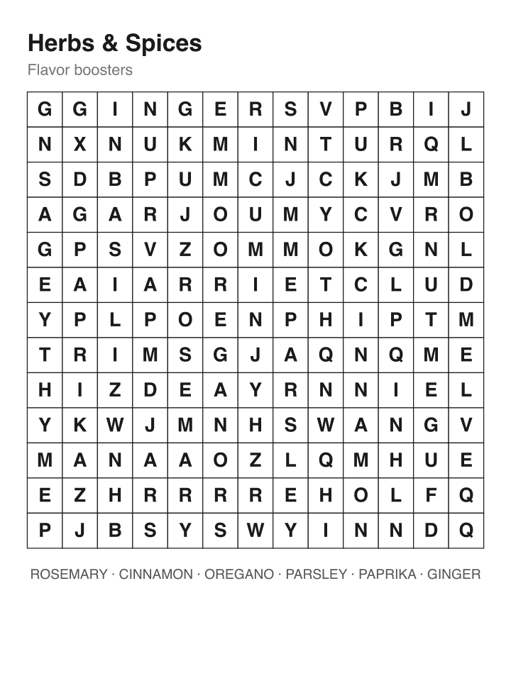 Herbs & Spices word search puzzle, 13 by 13 grid