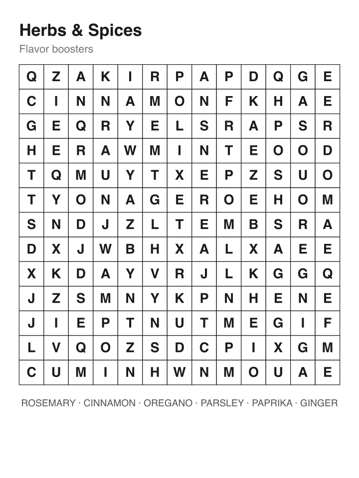 Herbs & Spices word search puzzle, 13 by 13 grid
