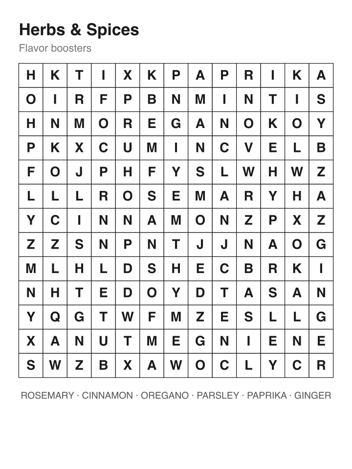 Herbs & Spices word search puzzle, 13 by 13 grid