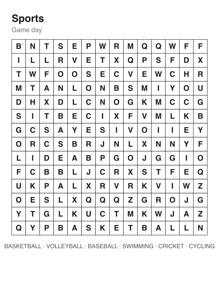 Sports word search puzzle, 14 by 14 grid