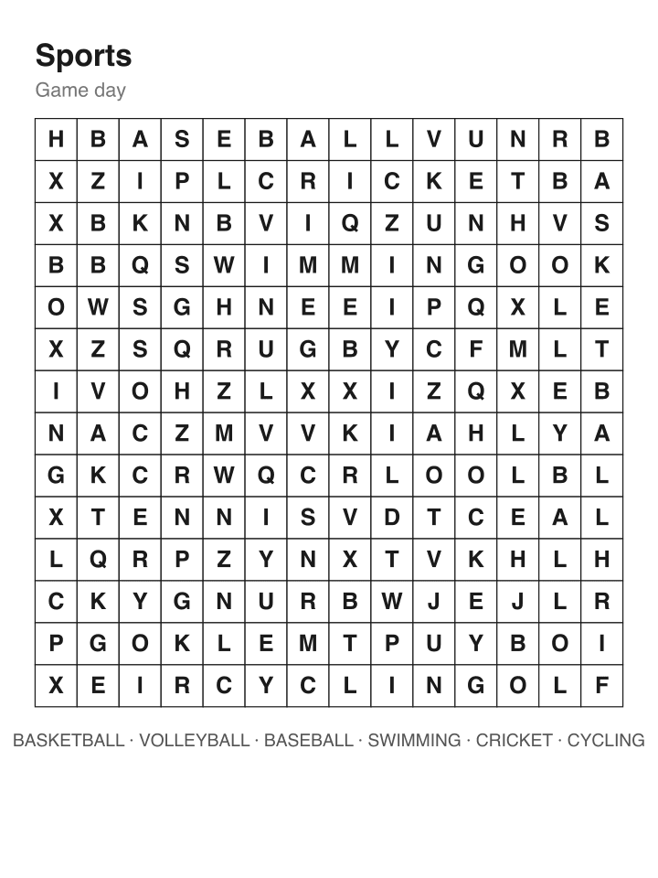 Sports word search puzzle, 14 by 14 grid