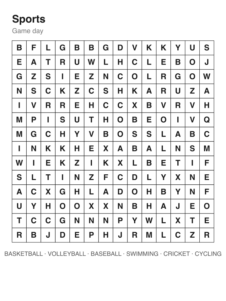 Sports word search puzzle, 14 by 14 grid