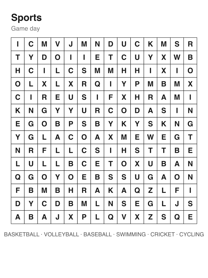 Sports word search puzzle, 14 by 14 grid