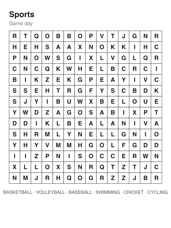 Sports word search puzzle, 14 by 14 grid