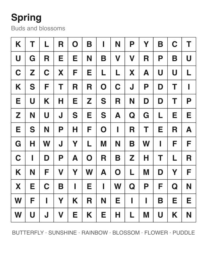 Spring word search puzzle, 13 by 13 grid