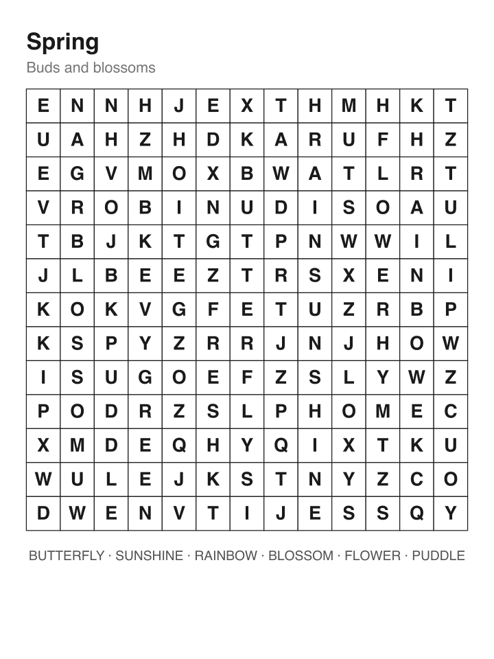 Spring word search puzzle, 13 by 13 grid