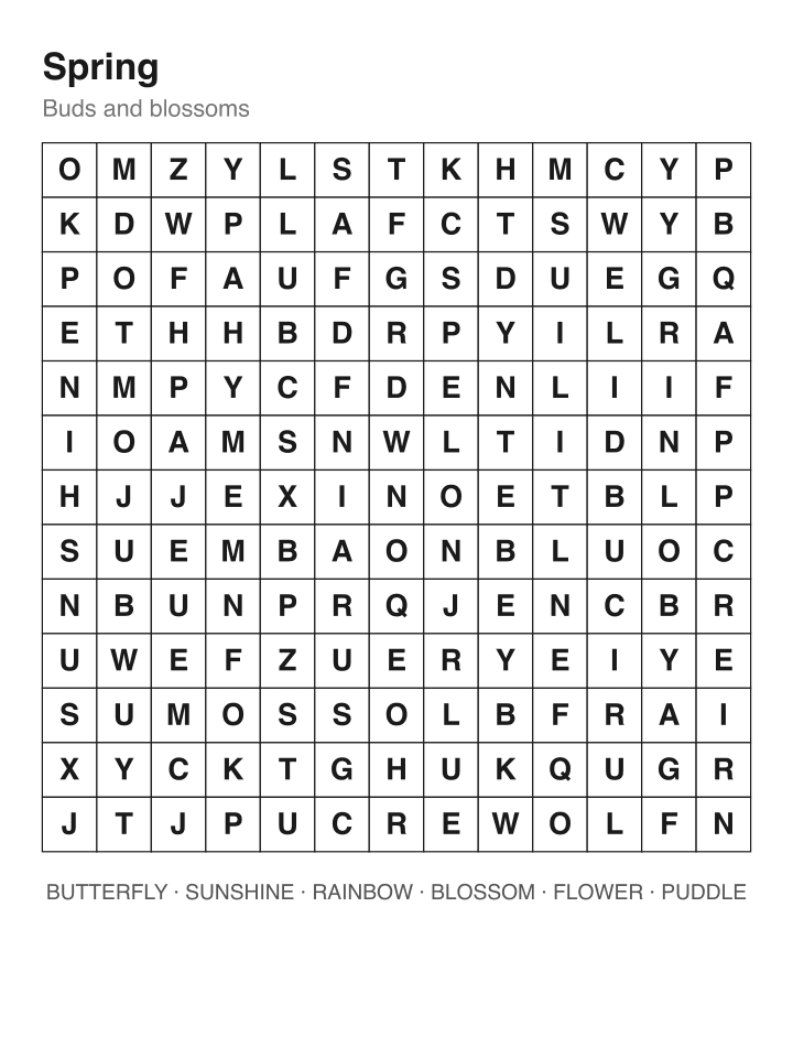 Spring word search puzzle, 13 by 13 grid