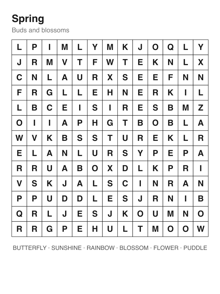 Spring word search puzzle, 13 by 13 grid