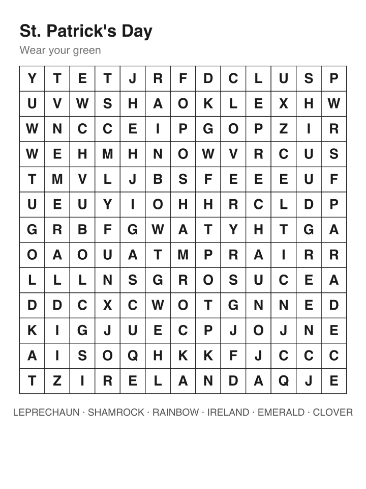 St. Patrick's Day word search puzzle, 13 by 13 grid
