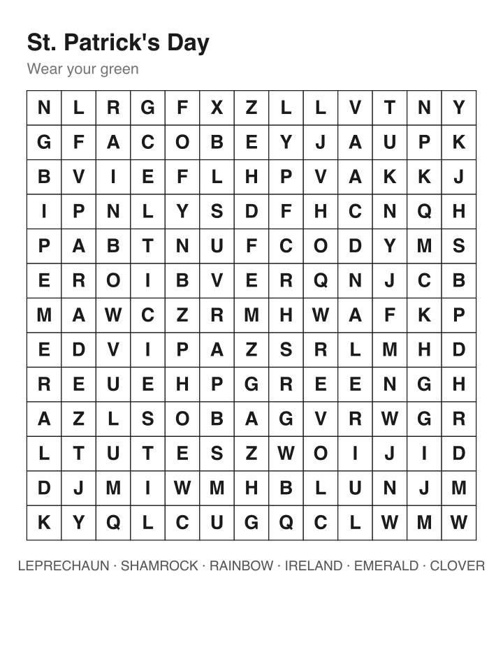 St. Patrick's Day word search puzzle, 13 by 13 grid