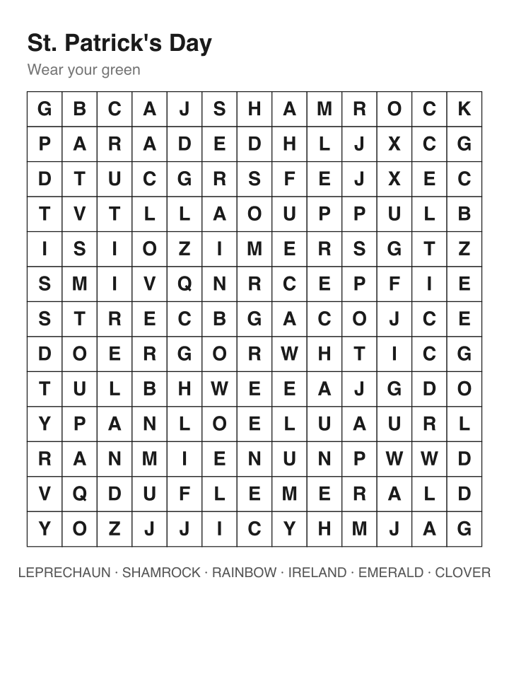 St. Patrick's Day word search puzzle, 13 by 13 grid