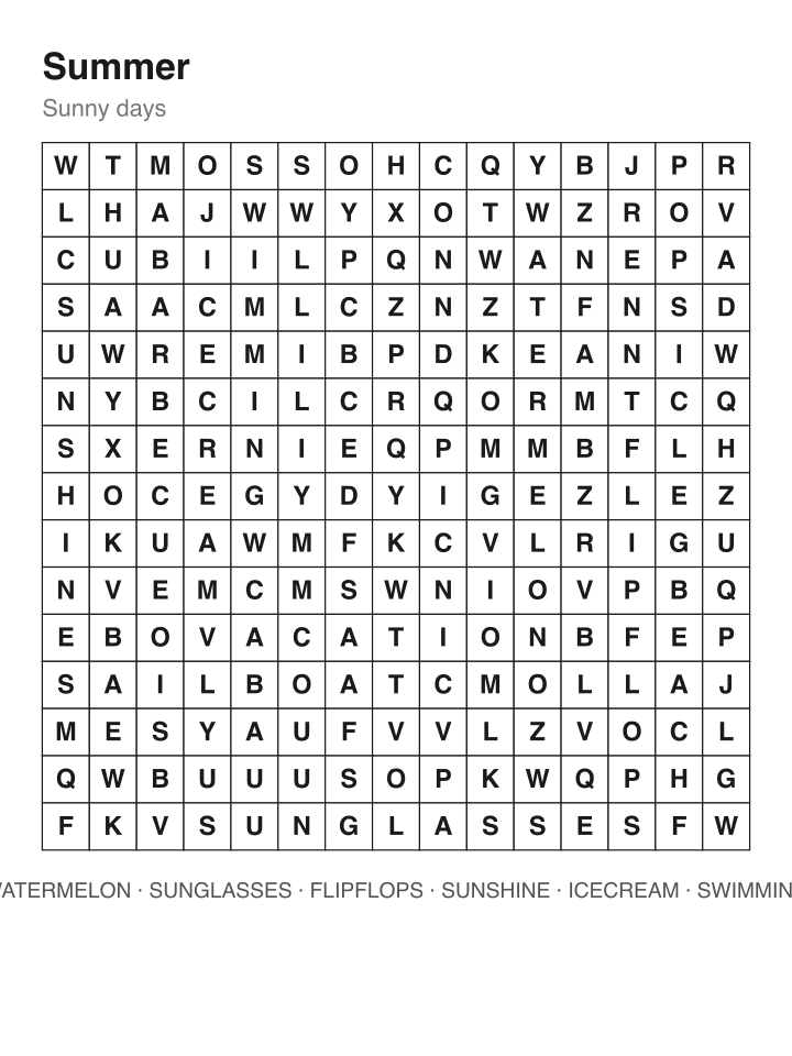 Summer word search puzzle, 15 by 15 grid