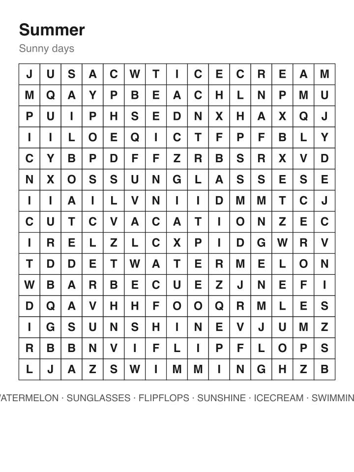 Summer word search puzzle, 15 by 15 grid