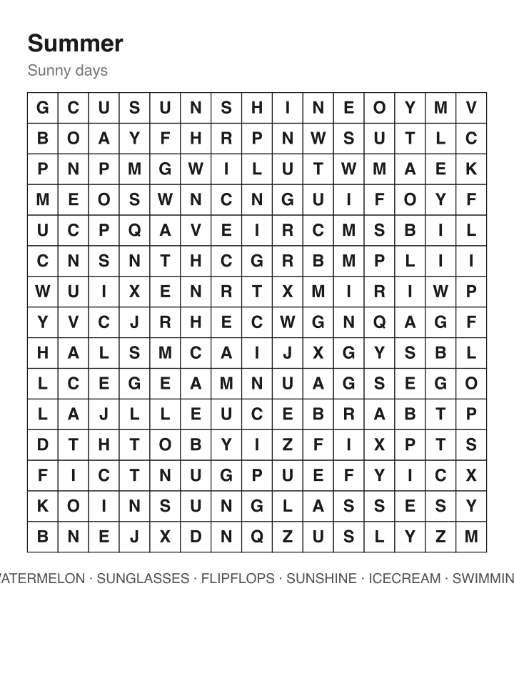 Summer word search puzzle, 15 by 15 grid