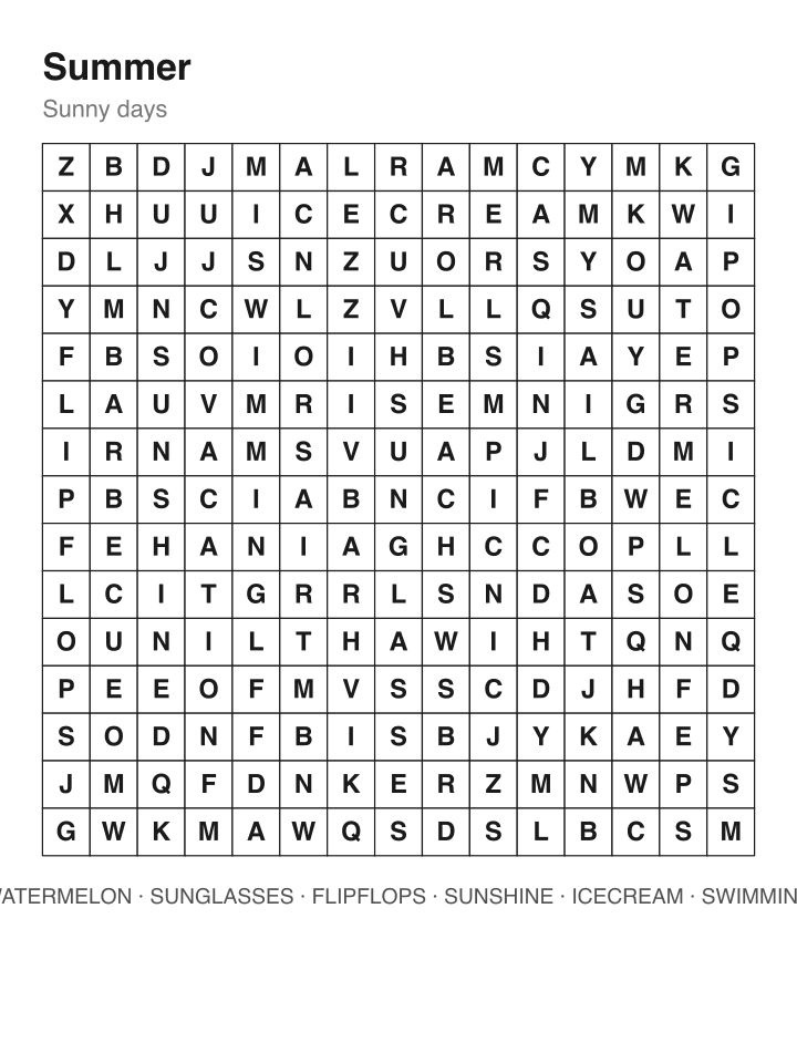 Summer word search puzzle, 15 by 15 grid