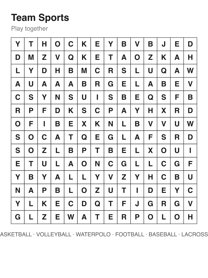 Team Sports word search puzzle, 14 by 14 grid
