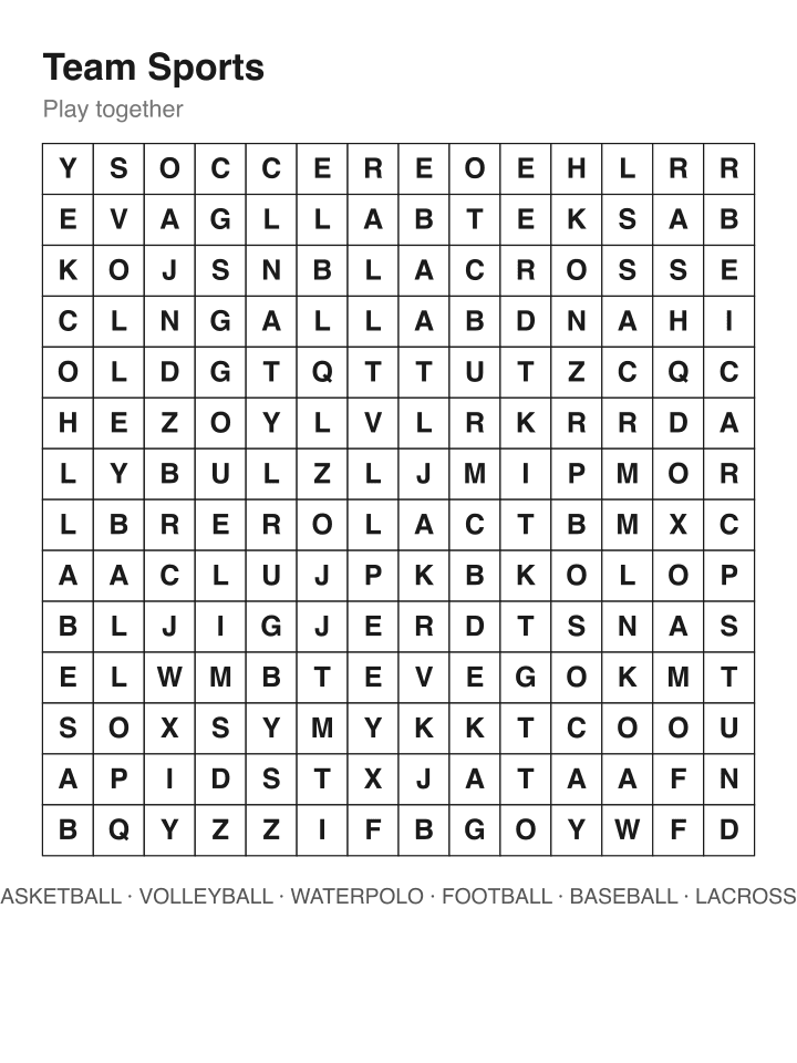 Team Sports word search puzzle, 14 by 14 grid