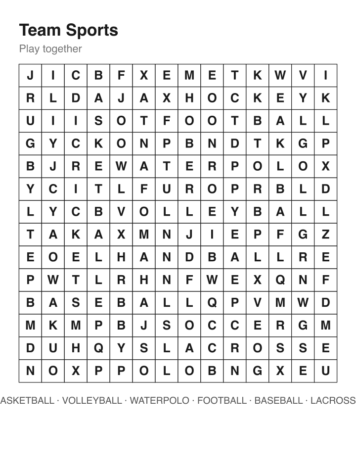Team Sports word search puzzle, 14 by 14 grid