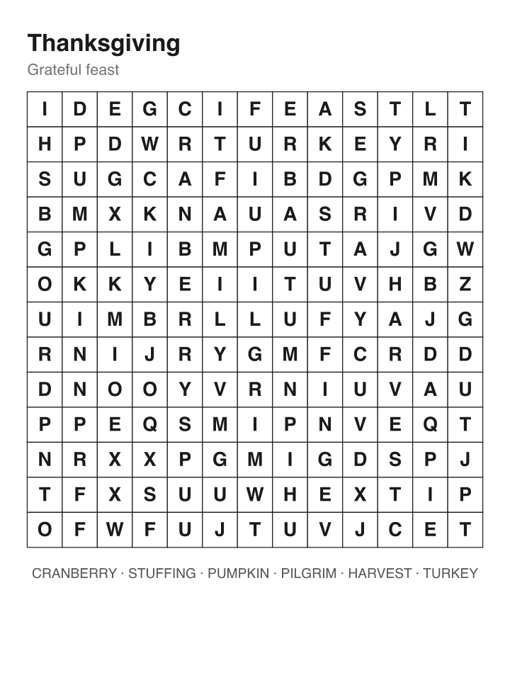 Thanksgiving word search puzzle, 13 by 13 grid