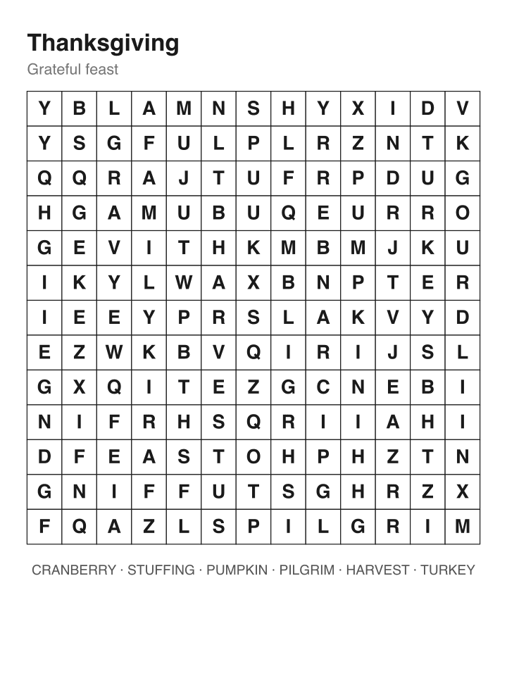 Thanksgiving word search puzzle, 13 by 13 grid