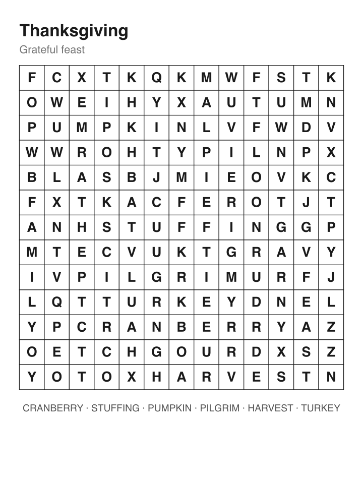 Thanksgiving word search puzzle, 13 by 13 grid