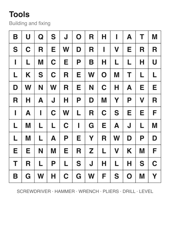 Tools word search puzzle, 12 by 12 grid