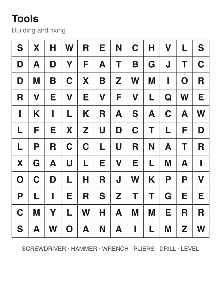 Tools word search puzzle, 12 by 12 grid