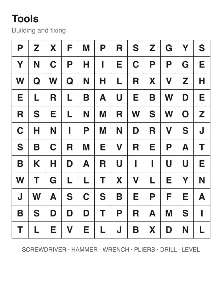 Tools word search puzzle, 12 by 12 grid