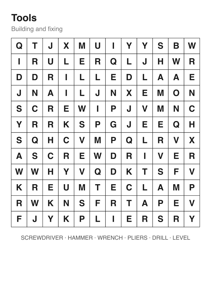 Tools word search puzzle, 12 by 12 grid