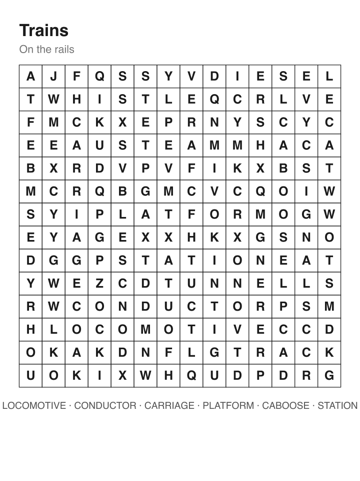 Trains word search puzzle, 14 by 14 grid
