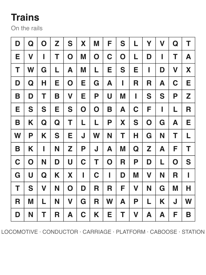 Trains word search puzzle, 14 by 14 grid