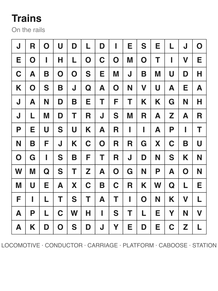 Trains word search puzzle, 14 by 14 grid