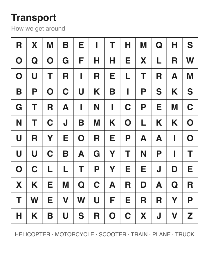 Transport word search puzzle, 12 by 12 grid