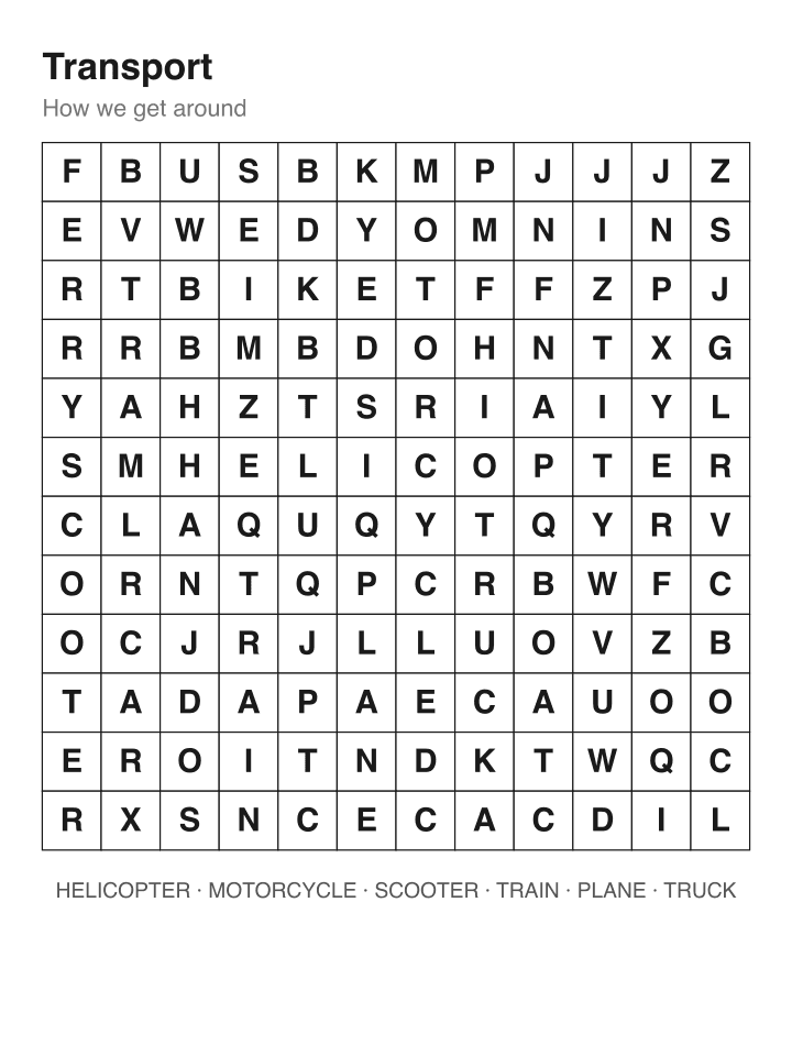 Transport word search puzzle, 12 by 12 grid