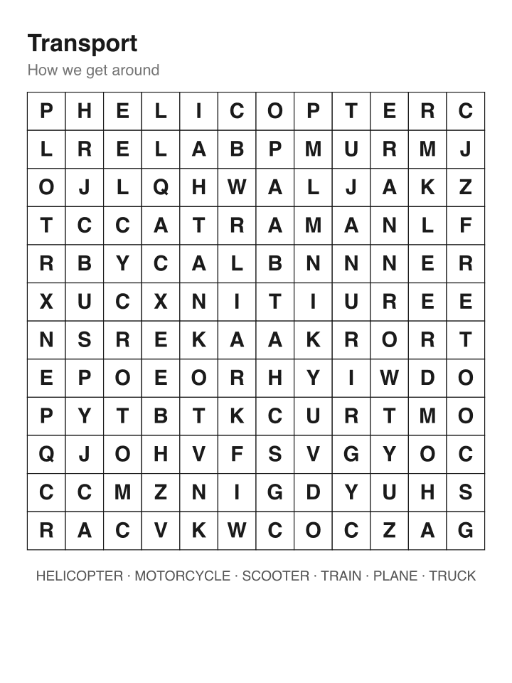 Transport word search puzzle, 12 by 12 grid