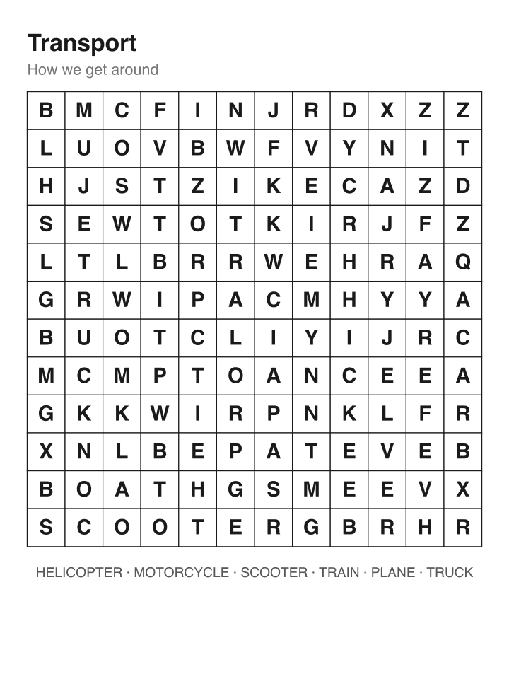 Transport word search puzzle, 12 by 12 grid